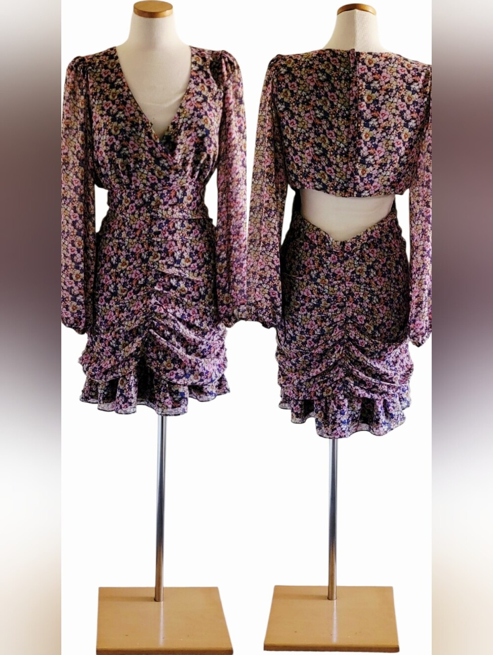 Floret Studios Sheer Floral Ruched Date Night Ladies Night Out Party Mini Dress